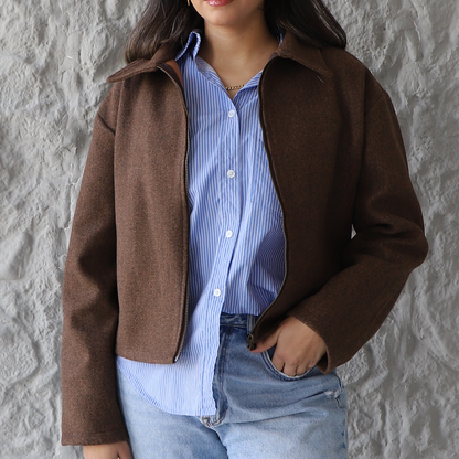 Brown Cropped Zipper Jacket