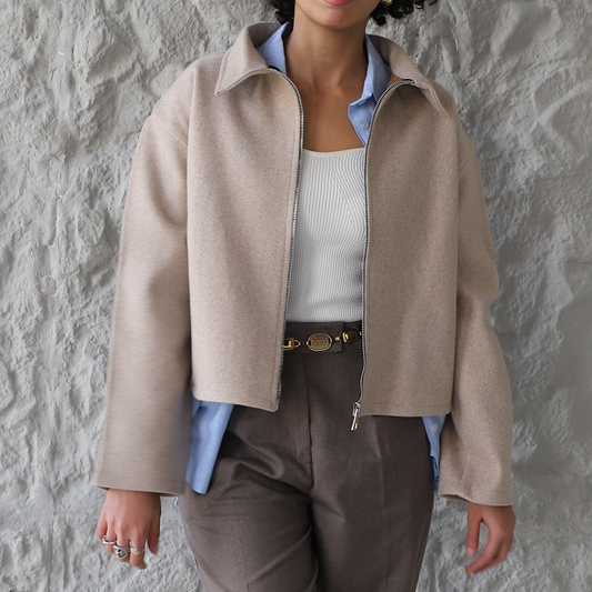 Beige Cropped Zipper Jacket